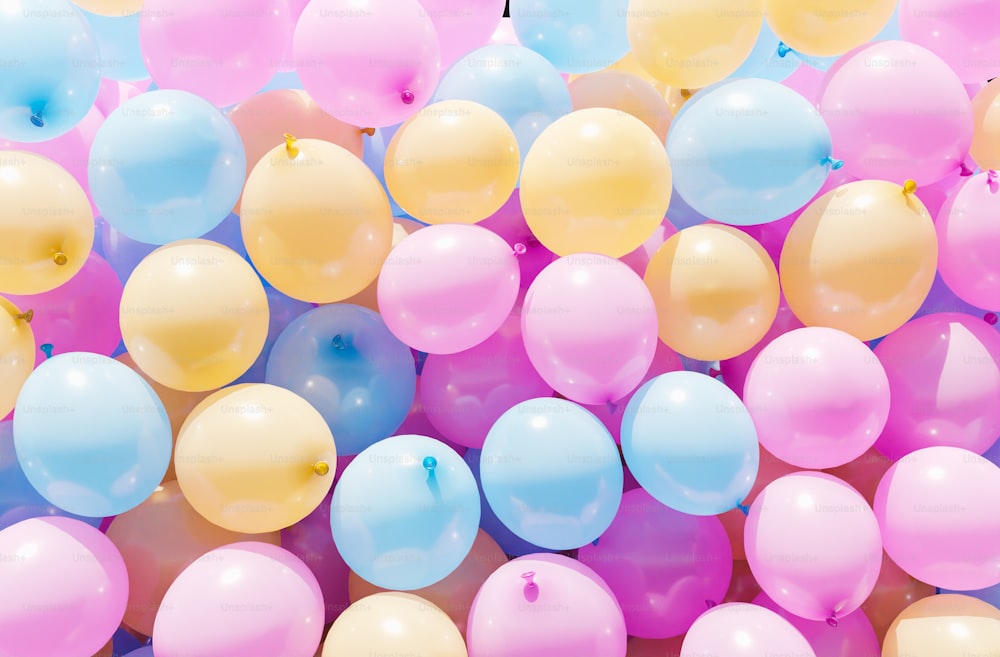 Fondo lleno de globos de colores pastel. Renderizado 3D