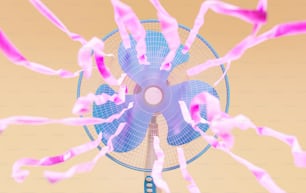 Vista frontal de un ventilador azul con cintas rosadas ondeando. Renderizado 3D
