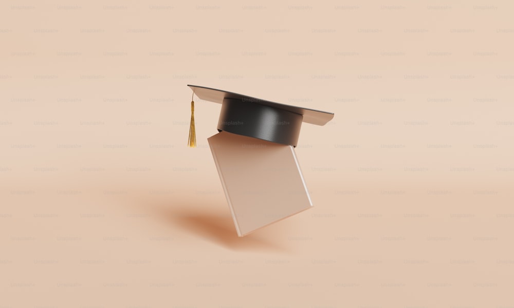 Libro minimalista flotando en el aire con sombrero de graduación en la parte superior. Renderizado 3D