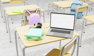 Computadora portátil con pantalla en blanco en un escritorio escolar en un aula con libros y suministros alrededor. Concepto de educación, vuelta al cole y tecnología. Renderizado 3D