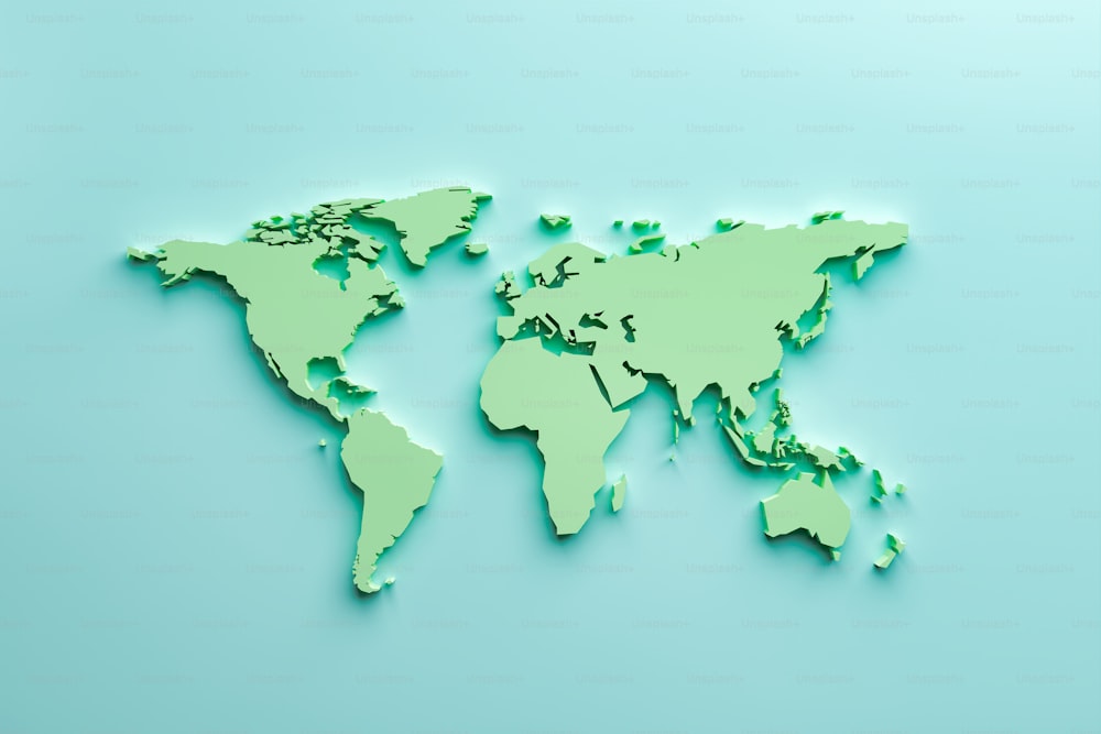 Reliefkarte der Welt mit weichen Schatten und Pastellfarben. Konzept des Reisens und der Erkundung. 3D-Rendering