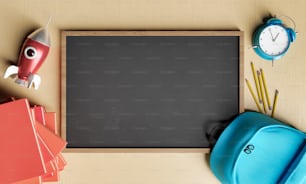 Empty chalk board with school supplies around it on wooden table. concept of education, back to school and learning. 3d rendering