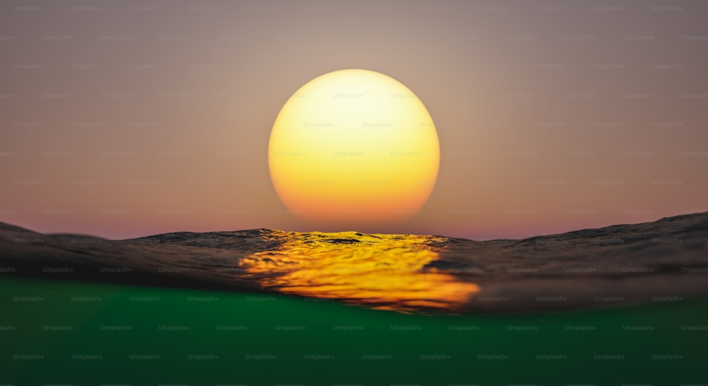 Puesta de sol sobre la superficie del mar con vistas al fondo marino y al sol reflejado en el agua. Renderizado 3D
