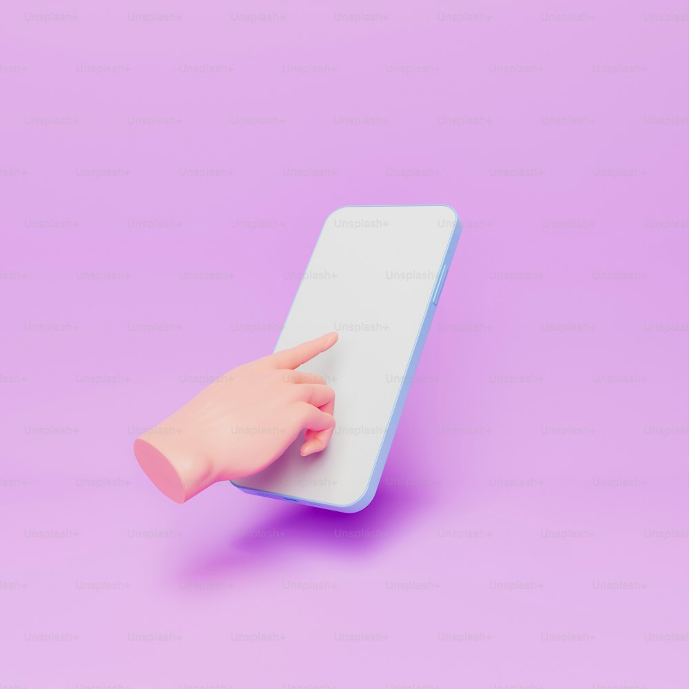 공중에 떠 있는 휴대전화 화면을 만지는 추상적인 손. 기술, 앱 및 온라인 쇼핑에 대한 최소한의 개념. 3D 렌더링