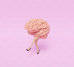 cerebro con piernas y talones femeninos estilizados. Concepto minimalista. Renderizado 3D