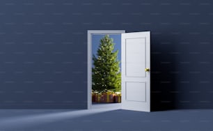 Albero di Natale con scatole regalo dietro una porta. Concetto di arrivo di Natale. Rendering 3D
