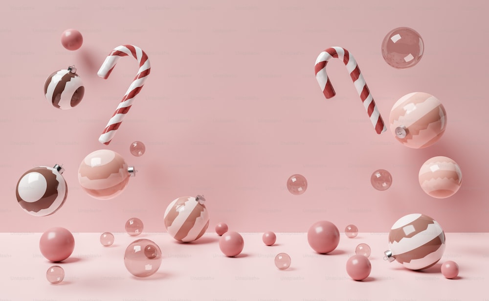 Weihnachtshintergrund mit Kugeln und Zuckerstangen, die in der Luft schweben. Weihnachtskonzept. 3D-Rendering