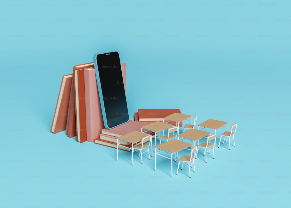 책과 책상이 앞에 있는 휴대폰이 있는 온라인 교실. 온라인 교육 개념, 기술, 학습 및 과정. 3D 렌더링
