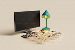 Computermonitor mit Schulbänken vorne und einer Schreibtischlampe, die leuchtet. Konzept der Online-Bildung, Technologie, Lernen und Studium. 3D-Rendering