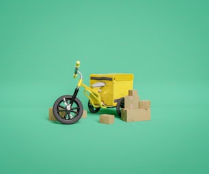 yellow children's tricycle with delivery backpack and cardboard boxes around. 3d rendering