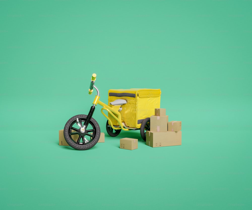 配達用バックパックと段ボール箱を持つ黄色い子供用三輪車。3Dレンダリング