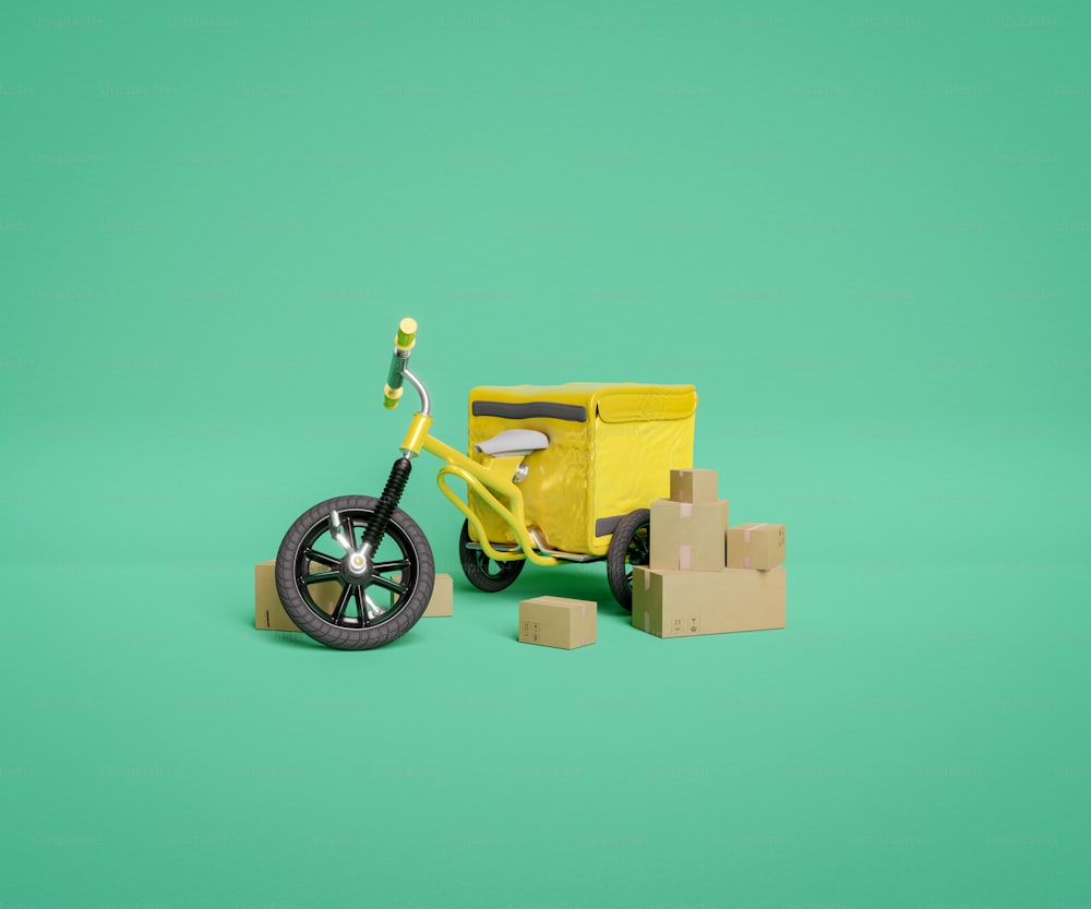 Triciclo giallo per bambini con zaino di consegna e scatole di cartone intorno. Rendering 3D