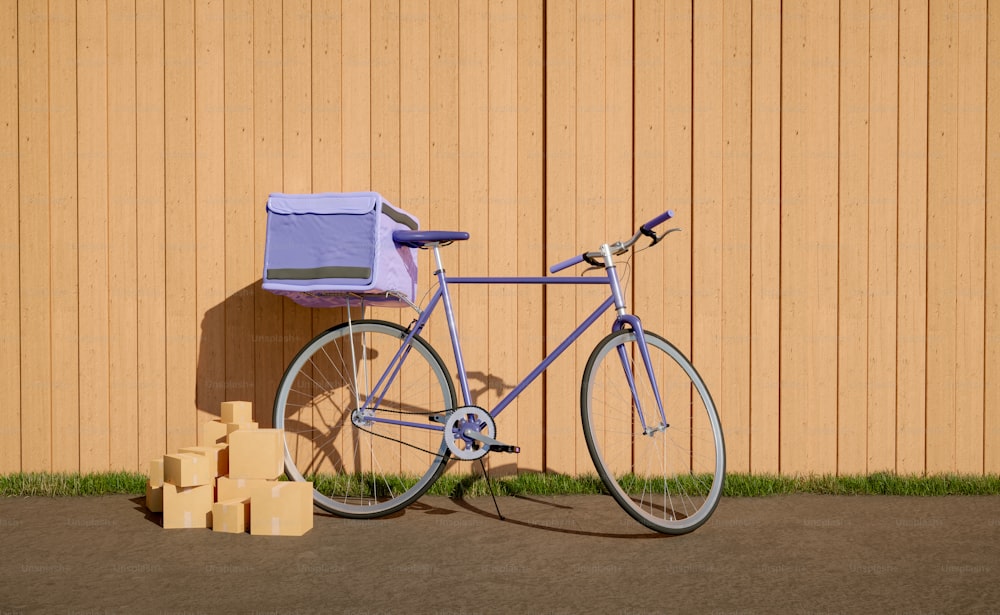 Bicicleta de entrega de rua com mochila e pacotes de transporte no chão com fundo de madeira à luz do dia. Renderização 3D