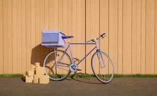 Straßenlieferrad mit Rucksack und Versandpaketen auf dem Boden mit Holzhintergrund bei Tageslicht. 3D-Rendering