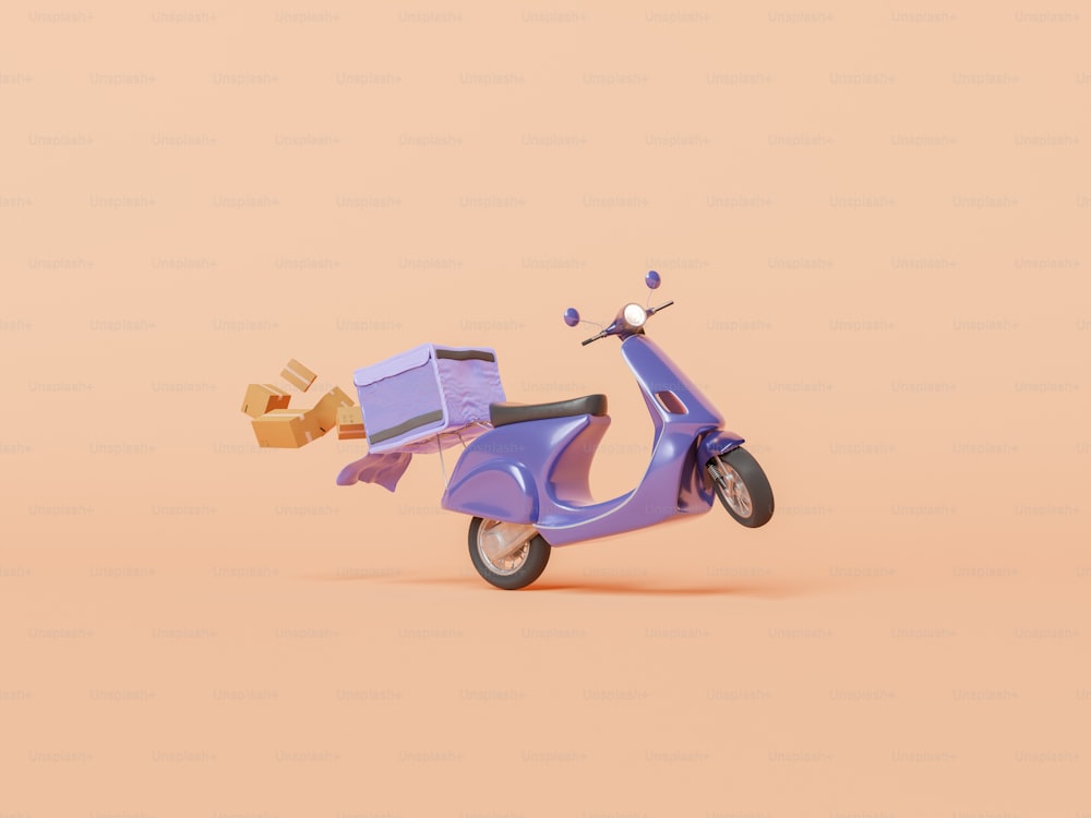 retro delivery scooter with open backpack and dropping shipping packages. concept of home delivery, online shopping, speed and service. 3d rendering