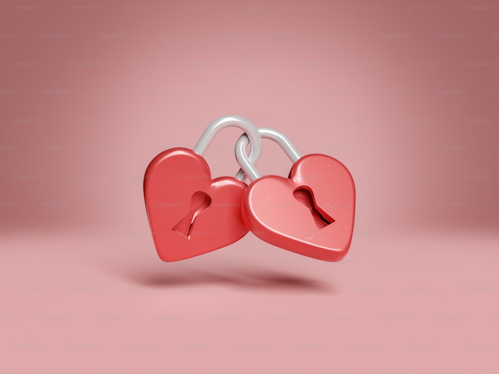 두 개의 잠긴 하트 모양의 빨간 자물쇠. 발렌타인, 사랑, 기념일 및 충실도의 개념. 3D 렌더링