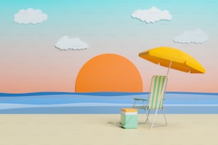 Tramonto di una spiaggia artificiale in uno studio con sedia a sdraio e accessori da spiaggia. concetto di arrivo estivo. relax, vacanza e viaggio. Rendering 3D