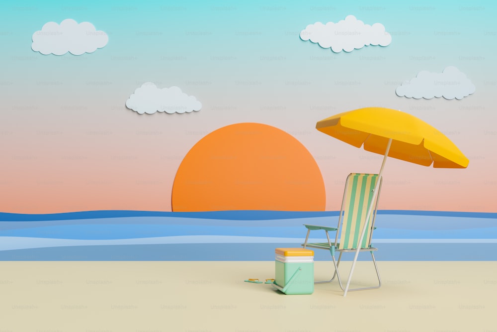 Puesta de sol de una playa artificial en un estudio con silla de playa y accesorios de playa. Concepto de llegada de verano. Relajación, vacaciones y viajes. Renderizado 3D