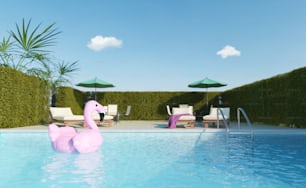 Primo piano del fenicottero galleggia in una piscina con una terrazza sullo sfondo. Rendering 3D