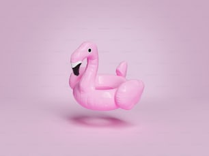 cena minimalista de um flamingo flutuando suspenso em um fundo rosa. Renderização 3D