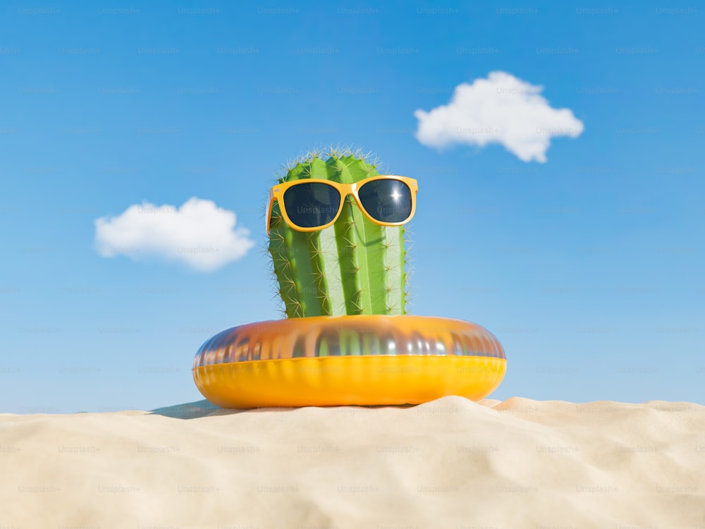 Cactus sur un flotteur sur le sable de la plage avec un ciel clair. Rendu 3D
