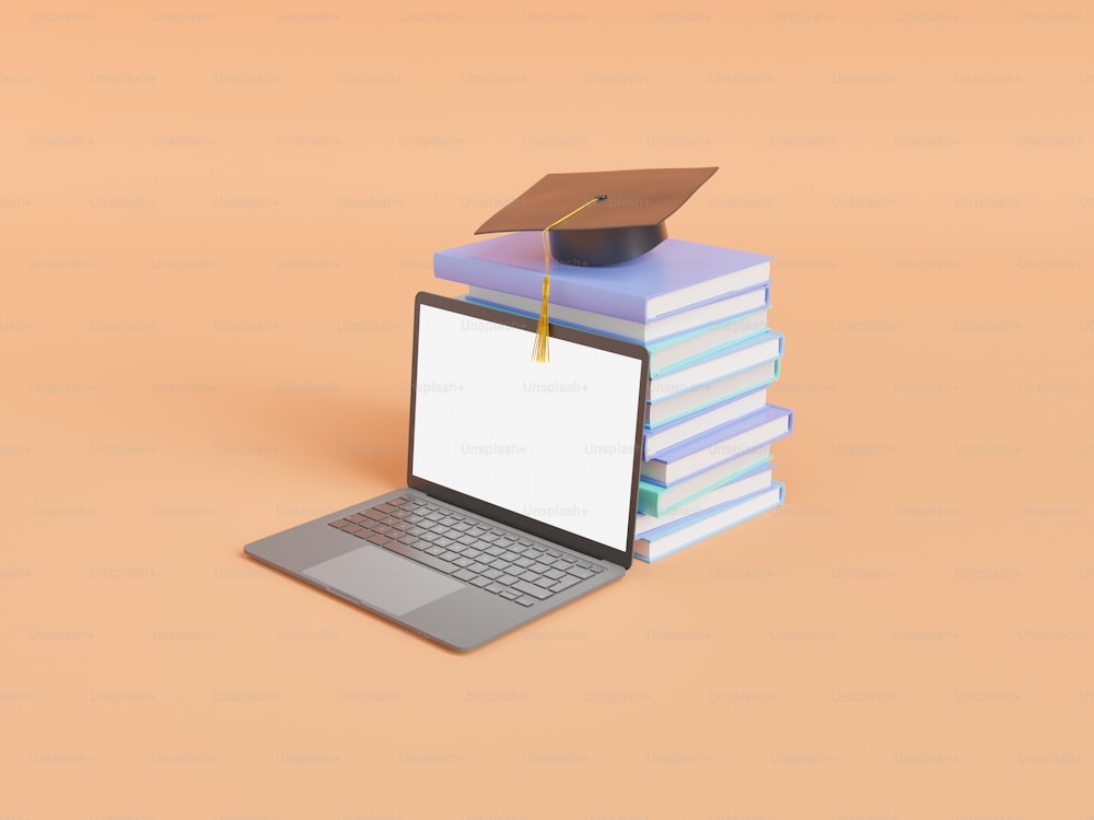 Illustrazione 3D del computer portatile moderno con schermo vuoto vicino alla pila di libri con cappuccio di laurea su sfondo beige