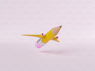 지우개와 분홍색 배경에 날아가는 노란색 항공기 날개가 있는 납 연필의 3d 그림