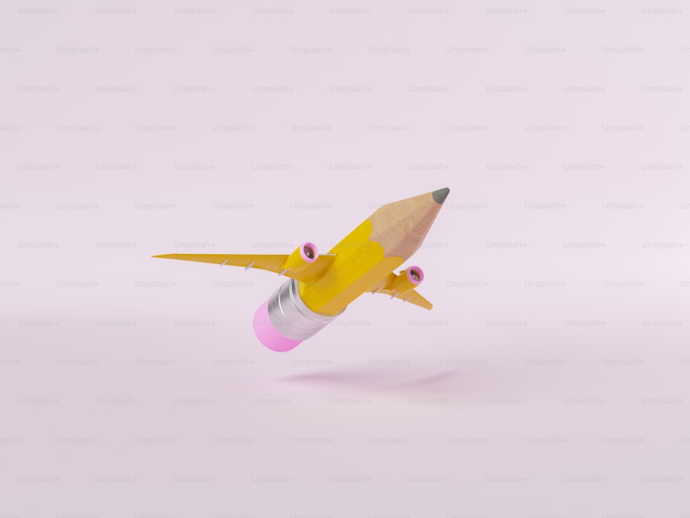 3d illustration of lead pencil with eraser and yellow aircraft wings flying on pink background