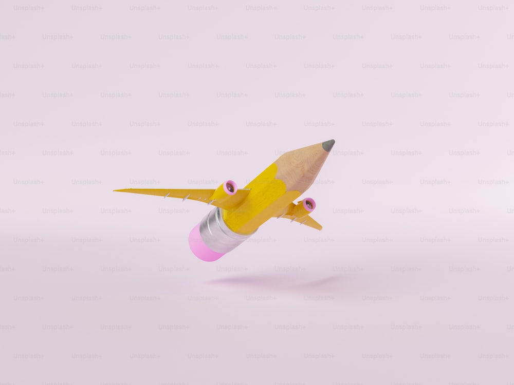 ピンクの背景に鉛筆と消しゴムと黄色の航空機の翼の3Dイラスト