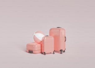 3D illustration of modern pink suitcases and striped beach ball prepared for summer vacation against gray background