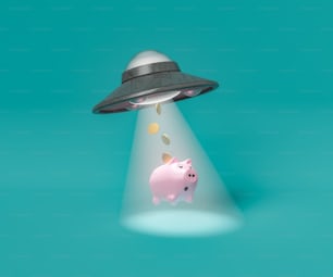 UFO가 청록색 배경에 맞서 날아가는 3D 그림은 동전으로 돼지 저금통을 납치하기 위해 빛의 광선을 사용한다