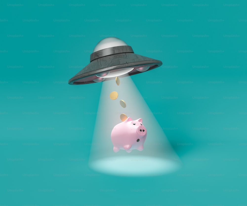 3D illustration of UFO flying against turquoise background using beam of light to abduct piggy bank with coins