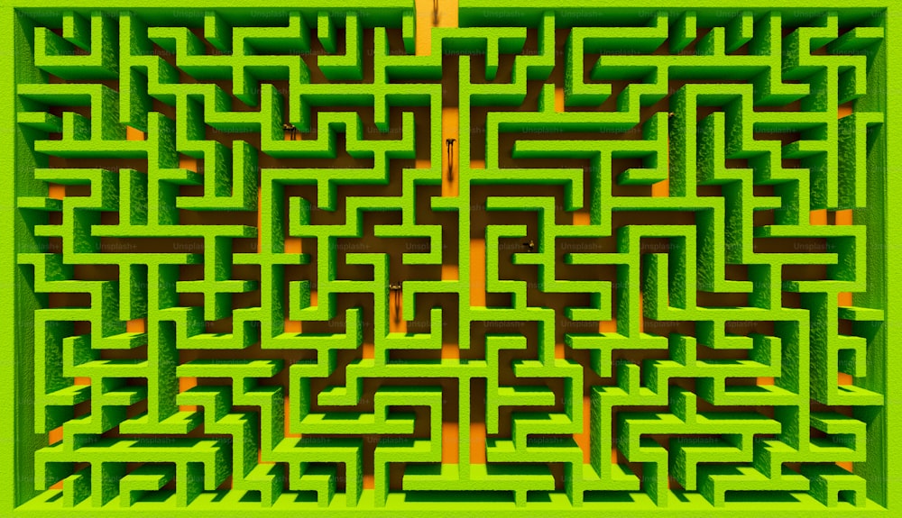vista zenital de um labirinto de arbustos com pessoas perdidas nele. Ilustração 3d