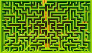 Vista zenitale di un labirinto di cespugli con persone perse in esso. Illustrazione 3D