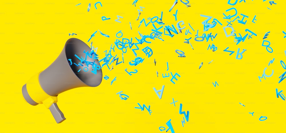 Mégaphone gris avec des détails jaunes jetant de nombreuses lettres bleues sur fond jaune. Rendu 3D