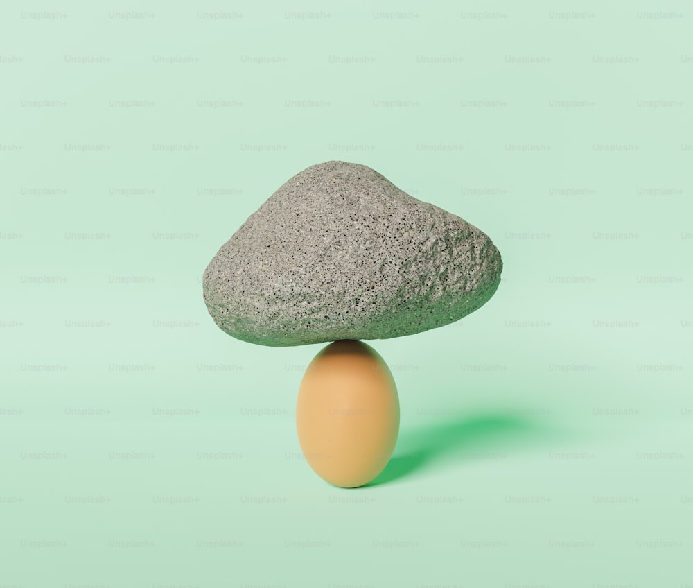 パステル背景に重い岩を持つ卵のミニマリストシーン。3Dレンダリング