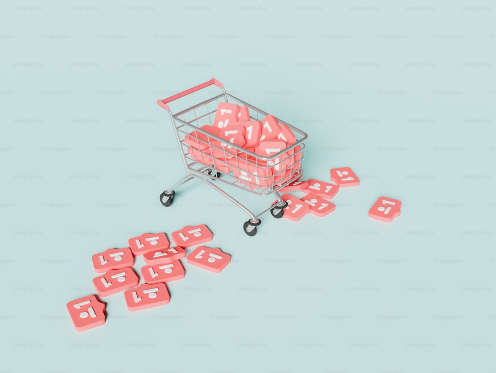 shopping cart full of social media followers cards. followers buying concept. 3d render
