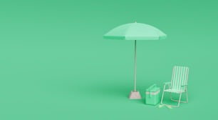 Strandkorb mit Sonnenschirm und Kühlbox auf einfachem Hintergrund mit Platz für Text. monochromatische Pastellszene. minimal. 3D-Rendering