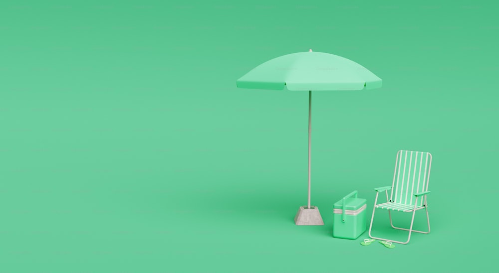 Chaise de plage avec parasol et glacière sur fond uni avec espace pour le texte. Scène pastel monochrome. minimal. Rendu 3D