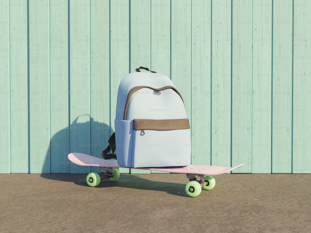 school backpack on a skateboard with retro pastel colors and wooden wall background with outdoor lighting. back to school concept. 3d render