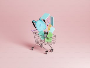 shopping cart with school supplies falling inside it with pastel red minimalistic background. concept of education, back to school and school shopping. 3d rendering