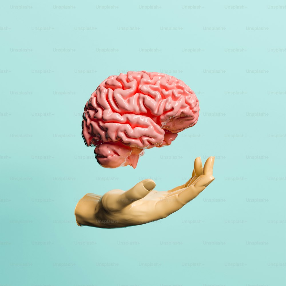 그 위에 떠 있는 뇌가 있는 손. 학습과 정신 건강의 개념. 3D 렌더링