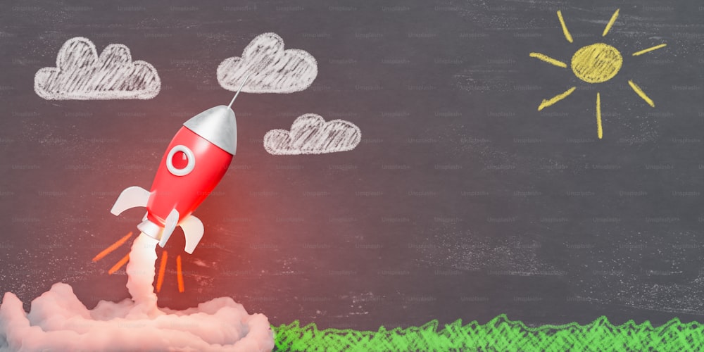Tableau noir avec des dessins d’enfants et une fusée jouet décollant avec un nuage de fumée en dessous. concept d’éducation et de retour à l’école. Rendu 3D