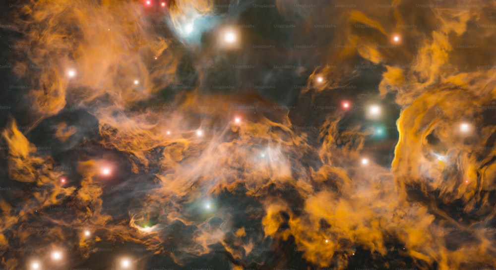 밝은 별과 가스 구름이 있는 황금빛 성운 배경. 과학, 천문학 및 깊은 우주의 개념. 3D 렌더링