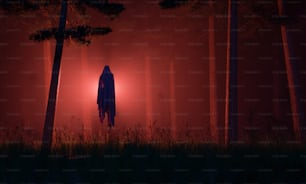 Gespenstische Nacht in einem Wald mit Nebel und einem bösen Geist mit rotem Licht zwischen den Bäumen. Halloween-Konzept, Erscheinung, Schrecken und Angst. 3D-Rendering