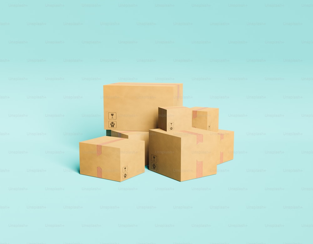 Paquets de livraison minimaux empilés sur fond pastel. Livraison à domicile, achat en ligne et concept de stockage. Rendu 3D