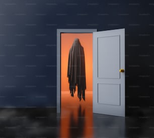 ドアが開いていて、幽霊が暖かい光で中を浮かび上がっている部屋。3Dレンダリング