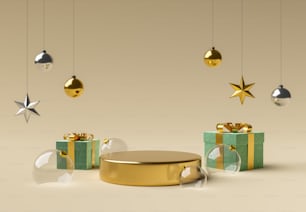 cilindro dourado com esferas de vidro e enfeites de Natal em torno dele para exibição do produto. Renderização 3D