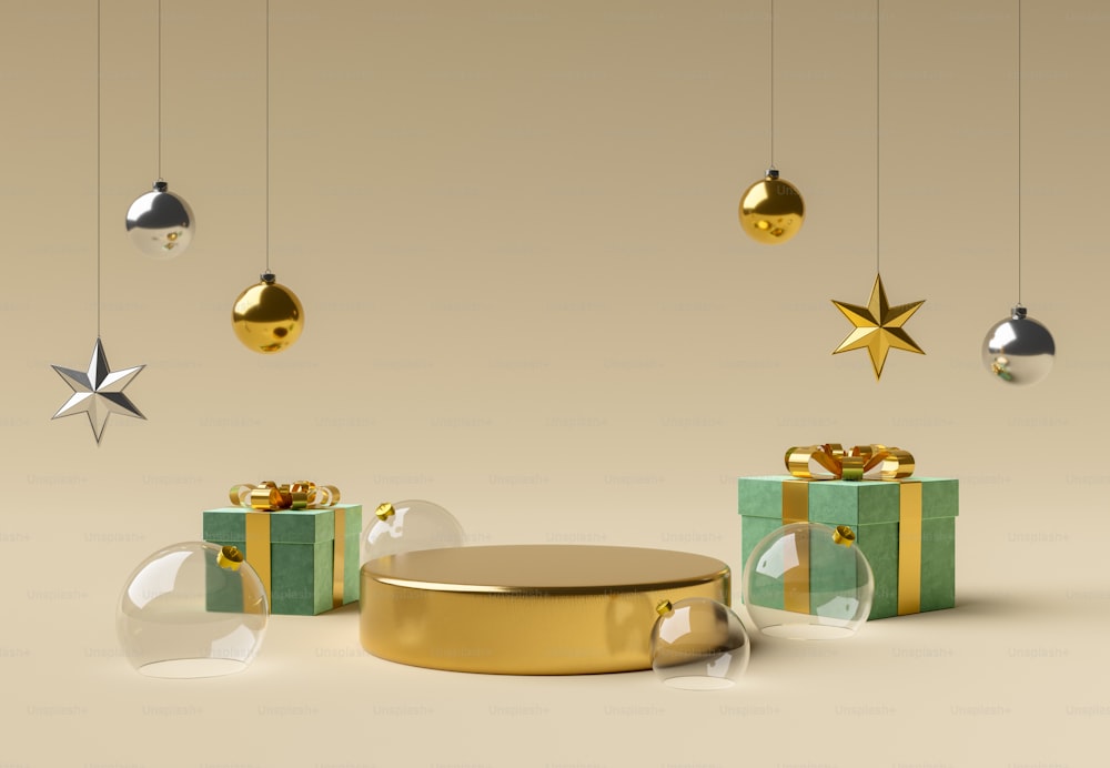 Cilindro dorato con sfere di vetro e ornamenti natalizi intorno ad esso per l'esposizione del prodotto. Rendering 3D