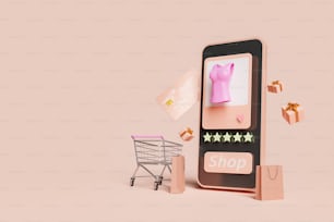 Teléfono móvil con tienda online 3D y carrito de la compra. espacio de copia. concepto de compra en línea. Renderizado 3D